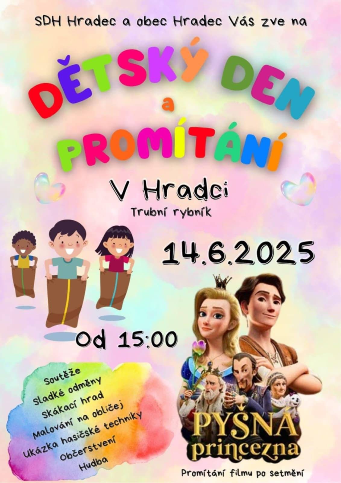 Zveme na skvělou zábavu pro děti - soutěže, dva skákací hrady, zmrzlinu a spoustu dalšího. Večer pak promítání pohádky Pyšná princezna. 🥳