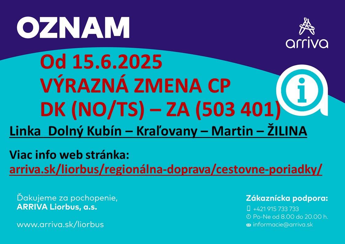 Od 15. júna 2025 nastane výrazná zmena cestovných poriadkov pre linku DK (NO/TS) – ZA (503 401).