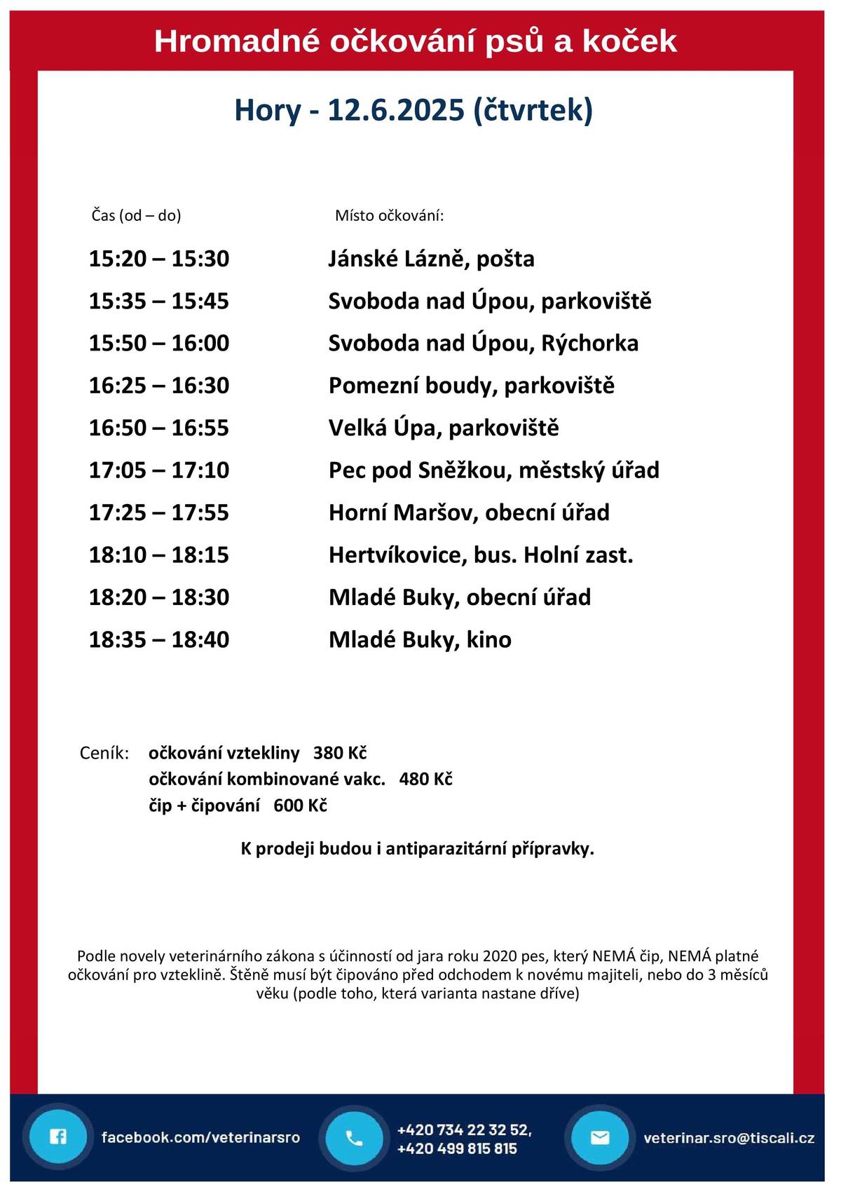 Hromadné očkování psů a koček 12.6.2025 (čtvrtek) 18:10 – 18:15 Hertvíkovice, bus. Holní zast. 18:20 – 18:30 Mladé Buky, obecní úřad 18:35 – 18:40 Mladé Buky, kino Ceník: očkování vztekliny 380 Kč očkování kombinované vakc. 480 Kč čip + čipování 600 Kč K prodeji budou i antiparazitární přípravky