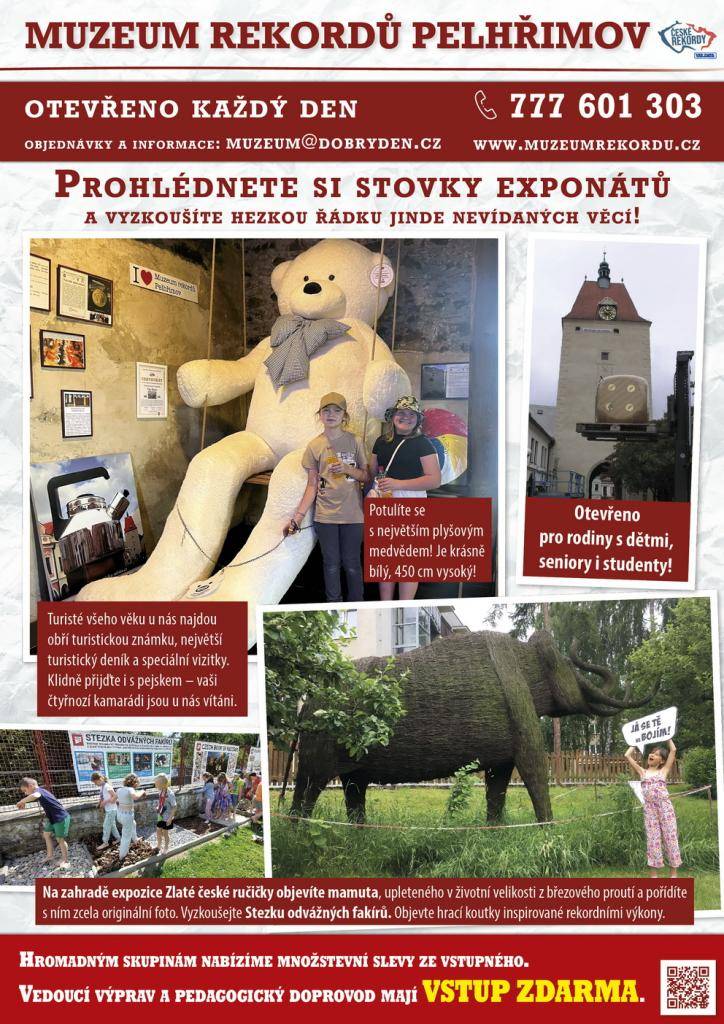 Muzeum rekordů Pelhřimov zve všechny návštěvníky k prohlídce stovek unikátních exponátů, včetně největšího plyšového medvěda. Rodiny, seniory i studenty čeká spousta zábavy a zajímavých zážitků.