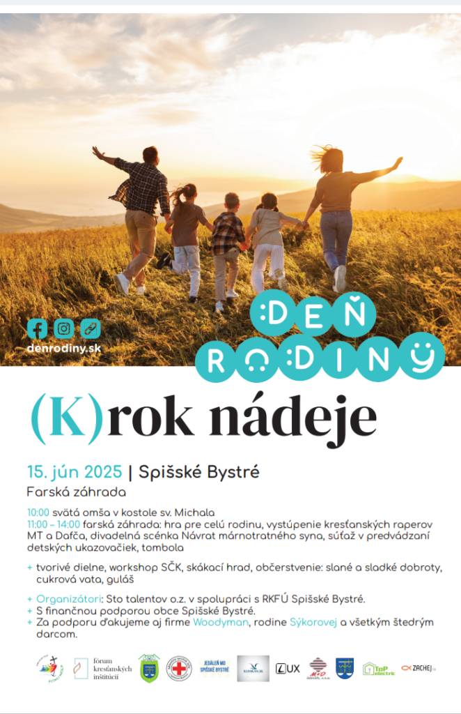 Sto talentov o.z. v spolupráci s RKFÚ Spišské Bystré Vás pozýva na podujatie DEŇ RODINY - (K)rok nádeje, ktoré sa uskutoční v nedeľu 15. júna 2025.