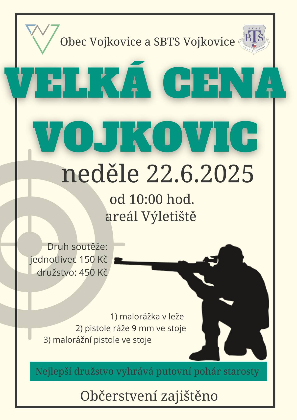 👟 VOJKOVICE PÍSKOVNA 22.6.2025 🏁 Dětské a hlavní běžecké závody (8:45–13:00) 🧒 Kategorie pro děti i dospělé 🥇 Medaile, ceny, pohár pro nejrychlejšího Vojkovjana/Vojkovjanku 🎯 VELKÁ CENA VOJKOVIC 22.6 2025 🕙 Začátek v 10:00 hod. 🔫 Soutěže ve střelbě (malorážka, pistole 9 mm, malorážní pistole) 👤 Jednotlivci i družstva (startovné: 150 Kč / 450 Kč) 🏆 Putovní pohár starosty pro nejlepší tým  🍻 Občerstvení zajištěno 💚 Přijďte fandit, soutěžit, zabavit se a užít si sportovní atmosféru!  KDO NEBUDE VE VOJKOVICÍCH, MŮŽE BÝT NA „HAŤOKU“! 👨👩👧👦 SPORTOVNÍ DEN SDRUŽENÍ OBCÍ POVODÍ MORÁVKY 📍 Výletiště „Haťok“, Krásná – Mohelnice 🕙 od 10:00 🤾♂️ Družstva dětí a dospělých z okolních obcí 🎽 Štafetový skok v pytlích, hod syrovým vejcem