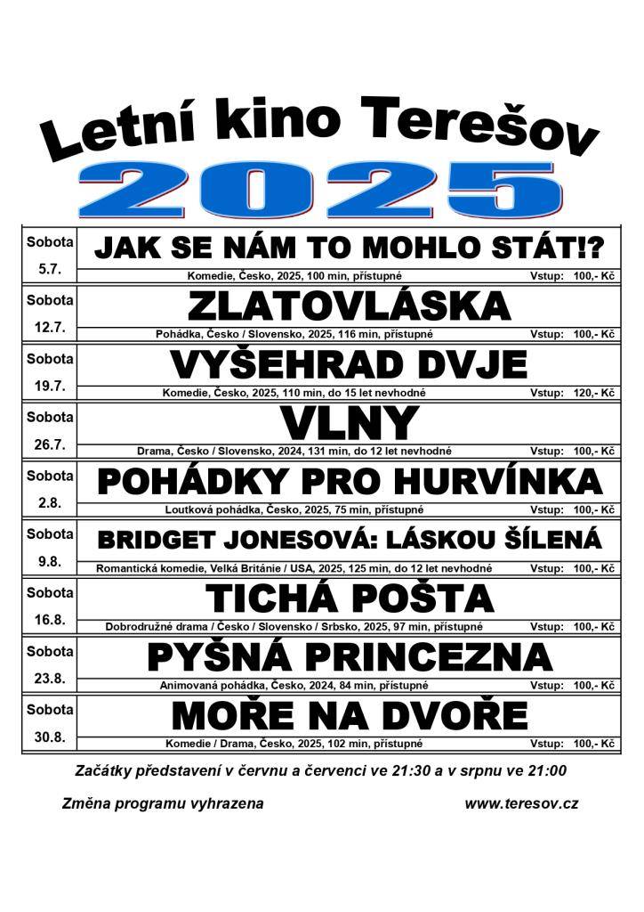 Program letního kina v Terešově na léto 2025