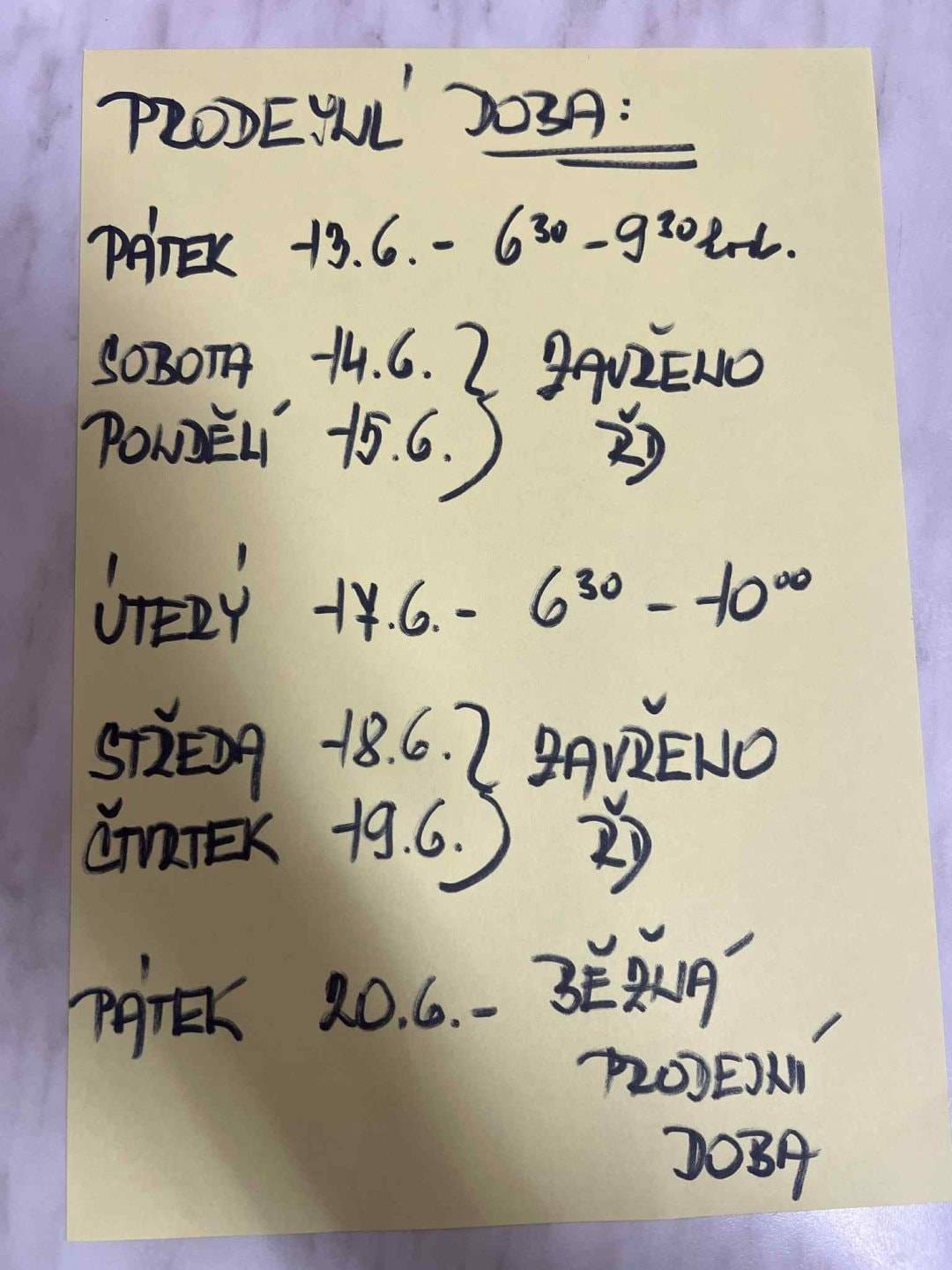 Vedoucí prodejny jednoty v Černé oznamuje zákazníkům, že v následujícím týdnu 13.6.-20.6.2025 dojde k úpravě prodejní doby z důvodu čerpání dovolené. Viz níže.             Děkujeme za pochopení!