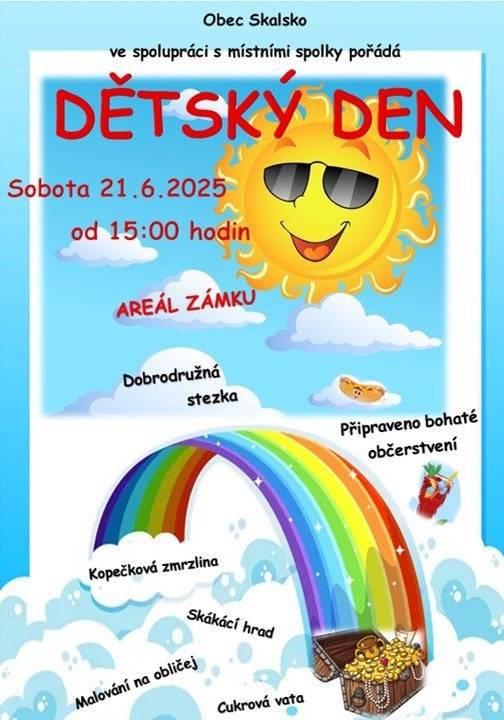 Zveme Vás a hlavně vaše děti na dětský den, který se bude konat v areálu zámku v sobotu 21.6.2025 od 15:00hodin. Pro děti je připraven adobrodružná stezka, hry a soutěže. Mimo jiné občerstvení nebude chybět kopečková zmmrzlina, cukrová vata a dlaší malá překvapení. Cestujeme za duhou.