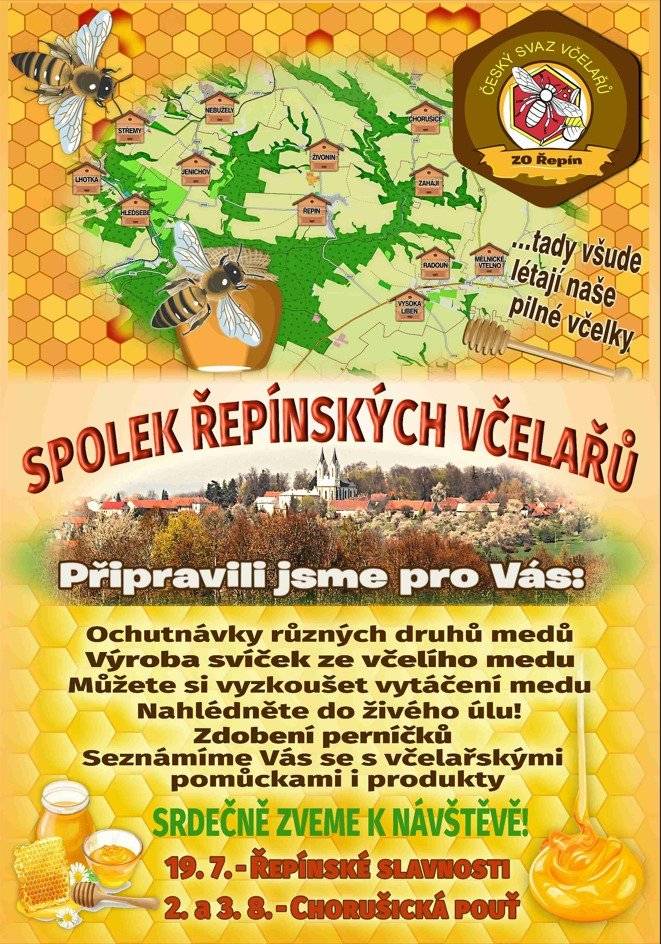 Český svaz včelařů Řepín zve 19.7.2025 na Řepínské slavnosti a 2.-3.8.2025 na Chorušickou pouť.