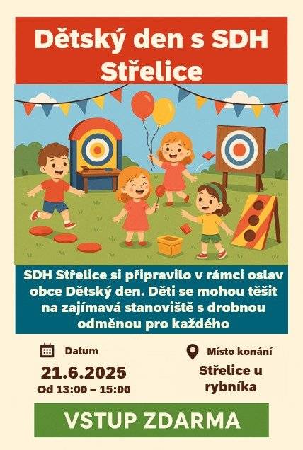 SDH Střelice slaví 80 let  a společně s výročím obce 777 let si připravilo Dětský den s SDH Střelice 21.6.2025 od 13:00 do 15:00 U rybníka ve Střelicích Děti se mohou těšit na zajímavá stanoviště  s drobnou odměnou pro každého Následuje oslava 777 let obce Střelice s bohatým programem  pro děti i dospělé na dvoře OÚ Střelice