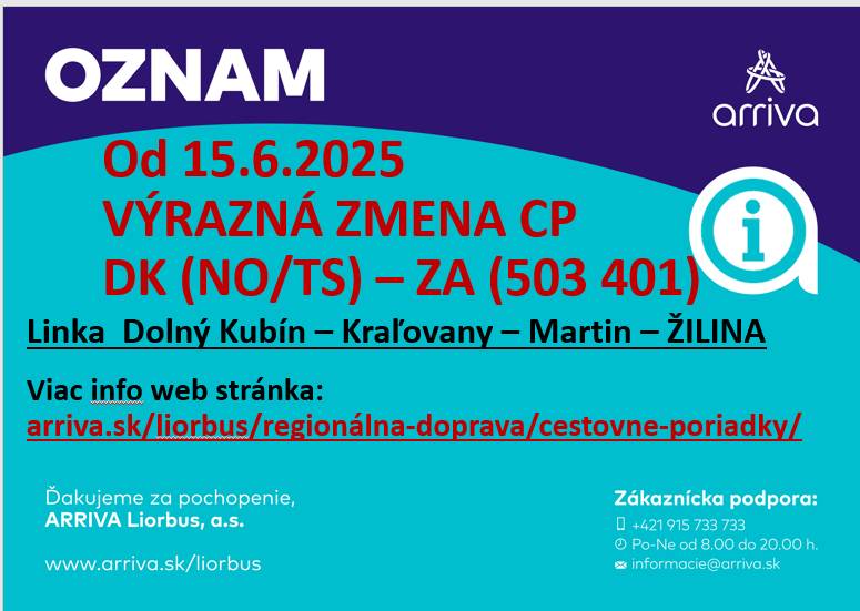 Jedná sa o výraznú zmenu hlavne na linke 503401   (Dolný Kubín – Martin – Žilina), kde od tohto dátumu nebudú premávať autobusy Arriva Liorbus medzi Martinom a Žilinou.