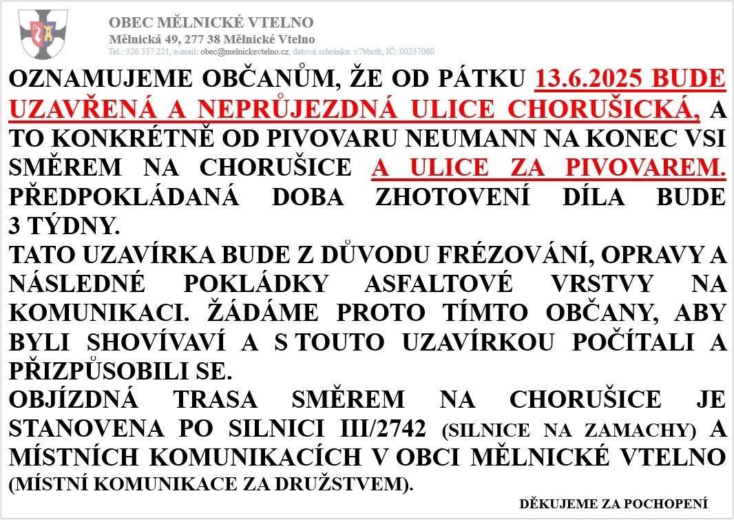 Oznámení občanům o uzavření ulice Chorušická a ulice za pivovarem z důvodu opravy komunikace.