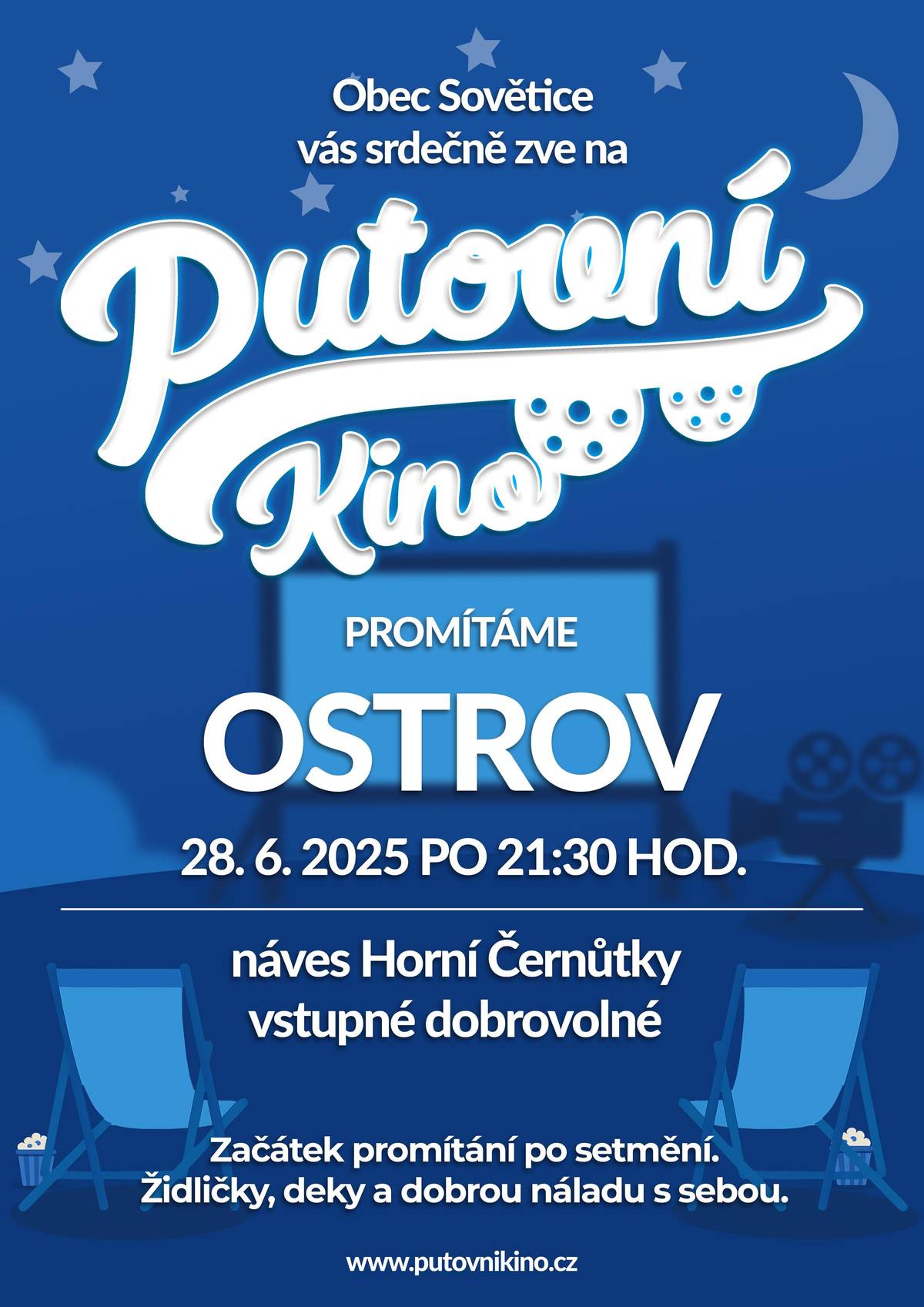 Zveme všechny milovníky letního kina na náves do Horních Černůtek Promítáme dobrodružnou komedii režiséra a scenáristy Rudolfa Havlíka. Hrají: Jiří Langmajer a Jana Plodková.  Těšíme se na viděnou