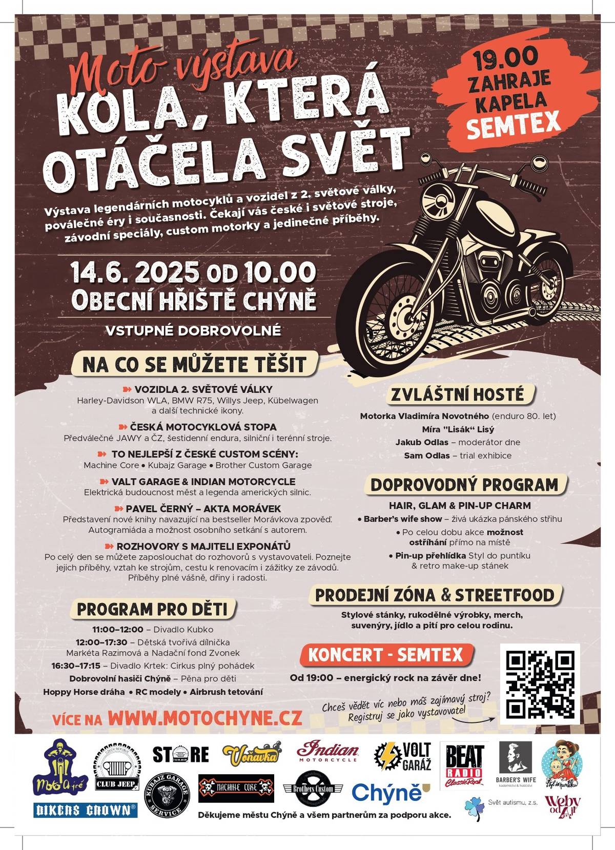 🟡Moto výstava KOLA CO, OTÁČELA SVĚT, pořádá Moto Chýně a Lupínek z. s. 📍Kdy: v sobotu 14. 6. 2025 od 10:00 do 22:00 hodin 📍Kde: hřiště v Okružní ulici 📍Těšit se můžete na: ▪️Unikátní veterány i současné modely ▪️Příběhy lidí a strojů, které k sobě neodmyslitelně patří ▪️Tematické workshopy a besedy s jezdci, techniky i sběrateli ▪️Program pro děti a celou rodinu ▪️Občerstvení, hudbu a komunitní atmosféru ▪️Na závěr dne 🎸koncert kapely Semtex, který si, jak pevně věříme, pořádně užijete.   🟡CELOVEČERÁK STUDIA PoleAnet vol. 3 📍Kdy: neděle 15. 6. 2025 od 16:00 (pro rodiče vystupujících dětí) a od 17:30 hodin (pro veřejnost) 📍Kde: hala ZŠ, Bolzanova 890 📍Těšit se můžete na pole dance. Vystupují děti a juniorky, dospělé kurzistky, soutěžní holky, lektorky a hosté.