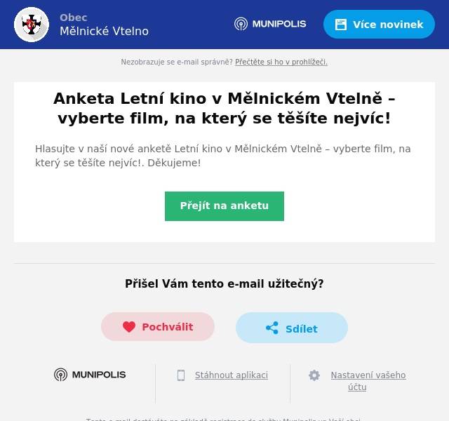 Hlasujte v naší nové anketě Letní kino v Mělnickém Vtelně – vyberte film, na který se těšíte nejvíc!. Děkujeme!