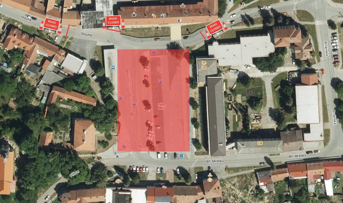 Město Klobouky u Brna oznamuje, že v sobotu 14. června 2025 bude od 7:00 do 17:00 průjezd na náměstí Míru uzavřen z ulice Dlouhá, Zámecká a Brněnská (viz obrázek). V této době zde bude probíhat Krajská soutěž JSDH ve vyprošťování dopravních nehod.
