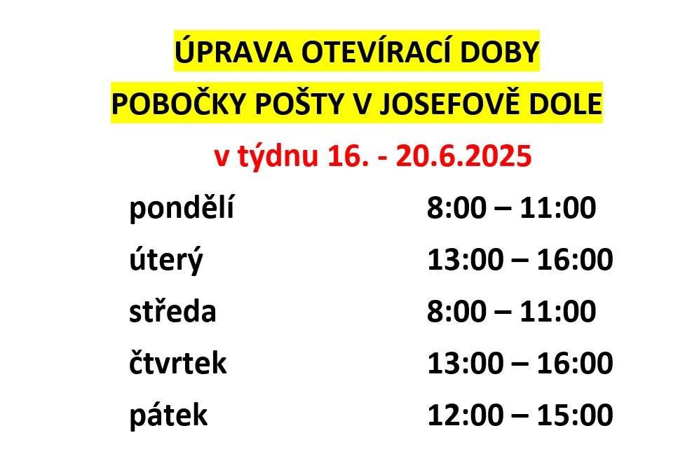 V týdnu od 16. do 20. června bude mít pobočka pošty v Josefově Dole změněnou pracovní dobu.