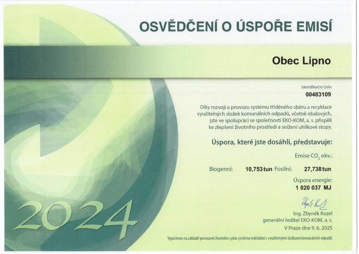 Osvědčení o úspoře emisí za rok 2024