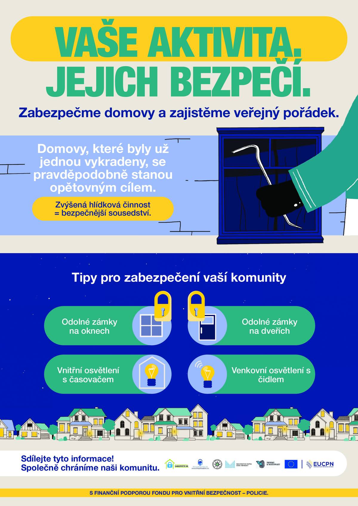 MV ČR informuje veřejnost o Evropském dni proti vloupání, jehož hlavním posláním je informovat obyvatele, že mohou svá obydlí proti vloupání zabezpečit, a že to ani nemusí být vůbec drahé. Použití odolných (certifikovaných) dveřních zámků, vnějšího osvětlení na pohybové senzory, odolných okenních zámků a vnitřního osvětlení spínaného na časovač – to jsou čtyři jednoduchá a účinná opatření, to je nejúčinnější kombinace, jak předcházet vloupání do obydlí. Více na www.stopvloupani.cz