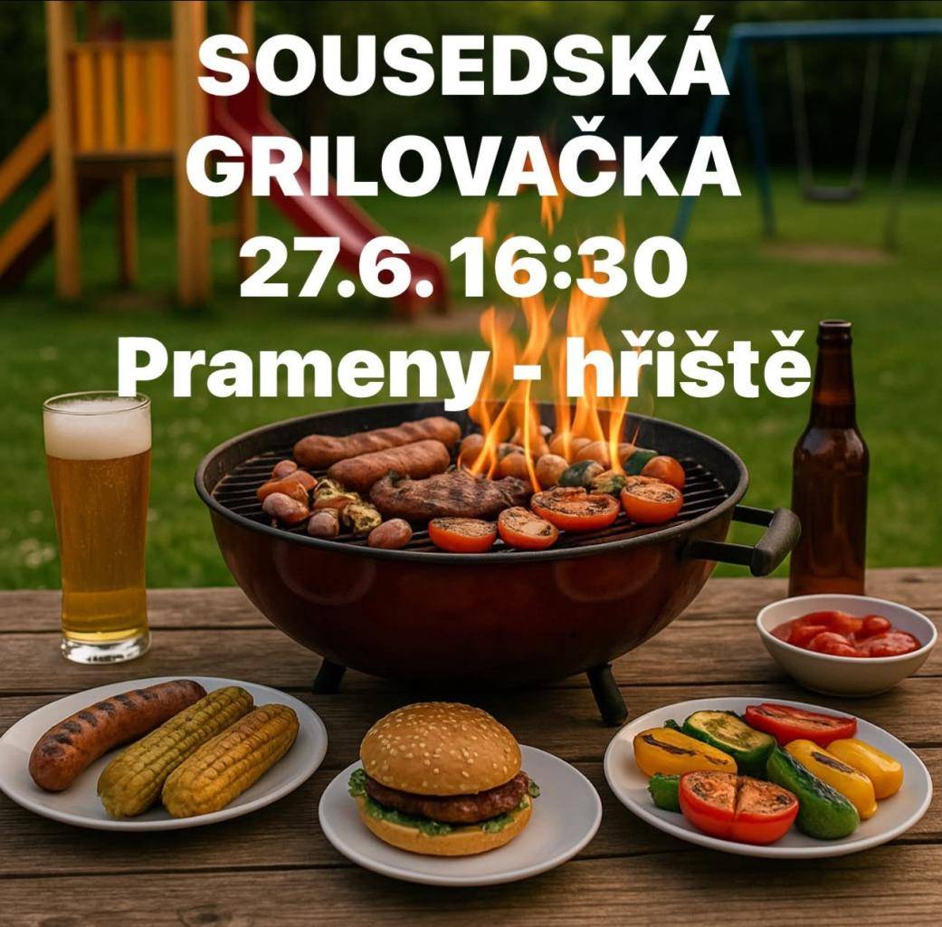 GRILOVAČKA NA PRAMENECH! ????????    aneb sousedské rožnění na dětském hřišti    Kdy? V pátek 27. června od 16:30  Kde? Na dětském hřišti Na Pramenech  (kde děti běhají a dospělí grilují)    ???????? Přijďte si zapéct, popít a pokecat!  – Bude gril, něco tekutého, něco na zobnutí  – Vstupné? Dobrovolné! (nechc