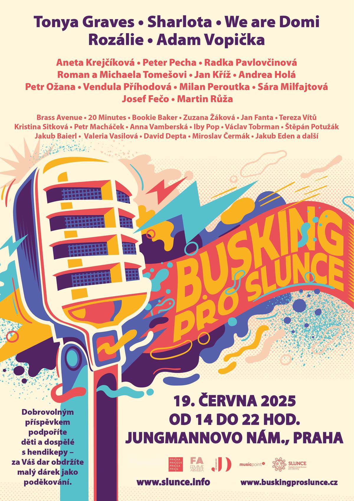 🎶 Hezký den! Přijďte spojit odpolední nebo večerní procházku Prahou s hudbou! Srdečně vás zveme na už 8. ročník akce Busking pro Slunce, která se koná ve čtvrtek 19. června 2025 od 14:00 do 22:00 na Jungmannově náměstí v Praze. 👉 Co je busking? Uliční umění – hudba přímo pod širým nebem. Přesně to vás čeká v centru Prahy. Spousta známých tváří, talentovaných muzikantů, dobrá nálada a hlavně dobrá věc. 🎭 Akci pořádá herečka Nikol Kouklová – na podporu lidí s hendikepem a Nadačního fondu Slunce pro všechny. ✨ Kdo vystoupí? Těšit se můžete na Tonyu Graves, Sharlotu, We Are Domi, Adama Vopičku a desítky dalších úžasných umělců a performerů. 🟡 Vstup je zdarma! Ale pokud se rozhodnete přispět dobrovolně, podpoříte dobrou věc – a navíc dostanete malý dárek jako poděkování. 🌞 Doražte – bude to stát za to! Ulice ožívá pro Slunce. Těšíme se na vás! Za ředitelku Blanku Dvořákovou Vladimíra Valtrová Centrum služeb Slunce všem, o.p.s. Nadační fond Slunce pro všechny 📍 Pražská 910, 273 51 Unhošť