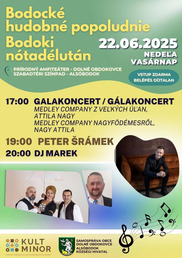 Samospráva obce Dolné Obdokovce Vás srdečne pozýva na Bodocké hudobné popoludnie, ktoré sa uskutoční v nedeľu 22. júna 2025 v prírodnom amfiteátri so začiatkom o 17. hodine. Vstup je voľný.