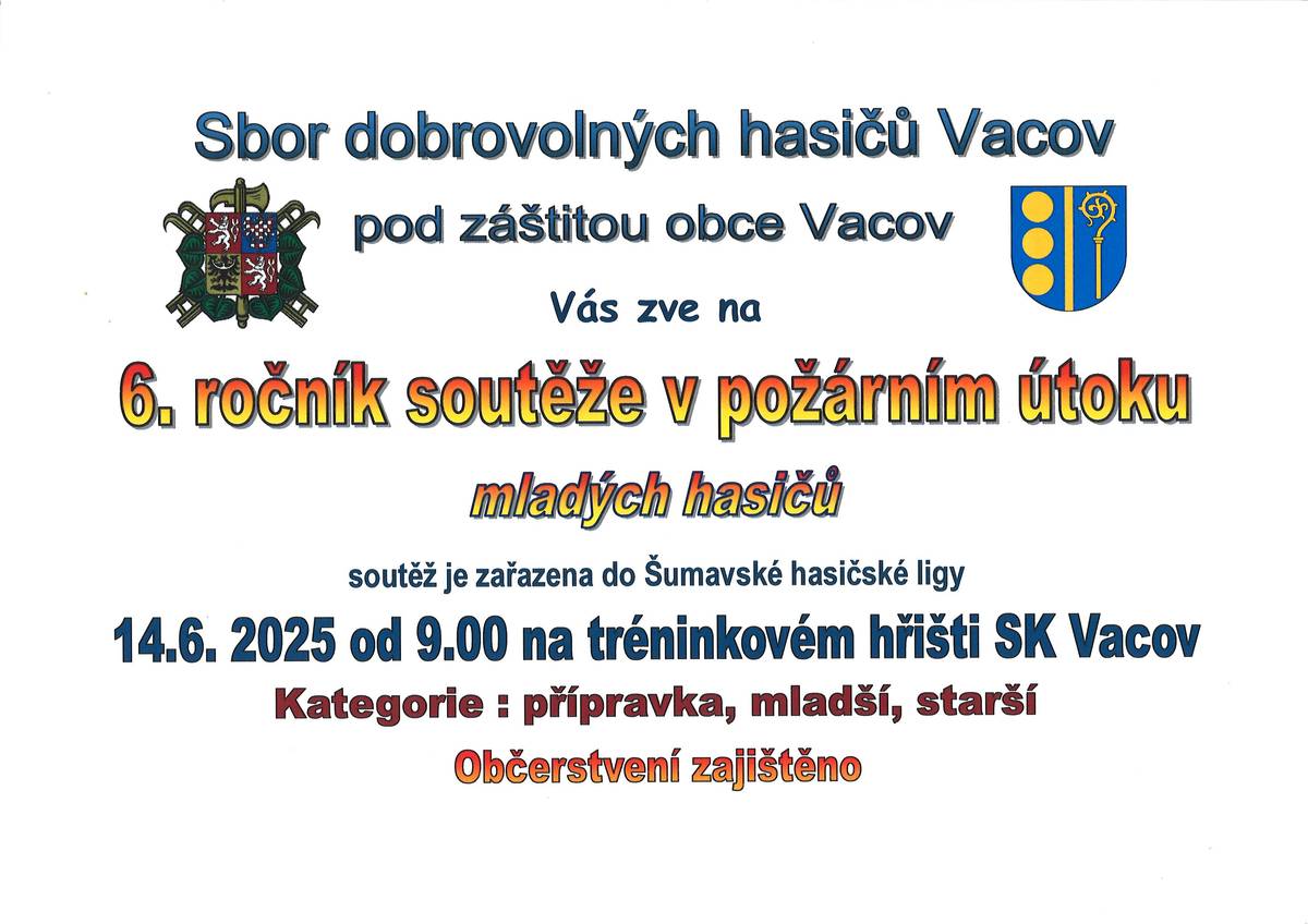 SDH Vacov zve na soutěž mladých hasičů v požárním útoku.