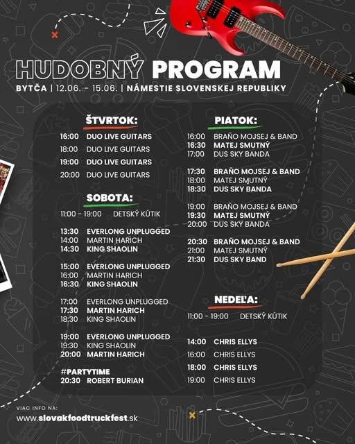 Nezabudnite, že od štvrtka 12.6.2025 až do nedele 15.6.2025 nás čakajú dni skvelého jedla, hudby a zábavy! 🌭🎶🍰 Štýlový street-food festival ponúkne gastronomické špeciality zo Slovenska aj zo sveta v unikátnych food-truckoch, spolu s bohatým program pre rodiny s deťmi, mladých aj návštevníkov mesta.