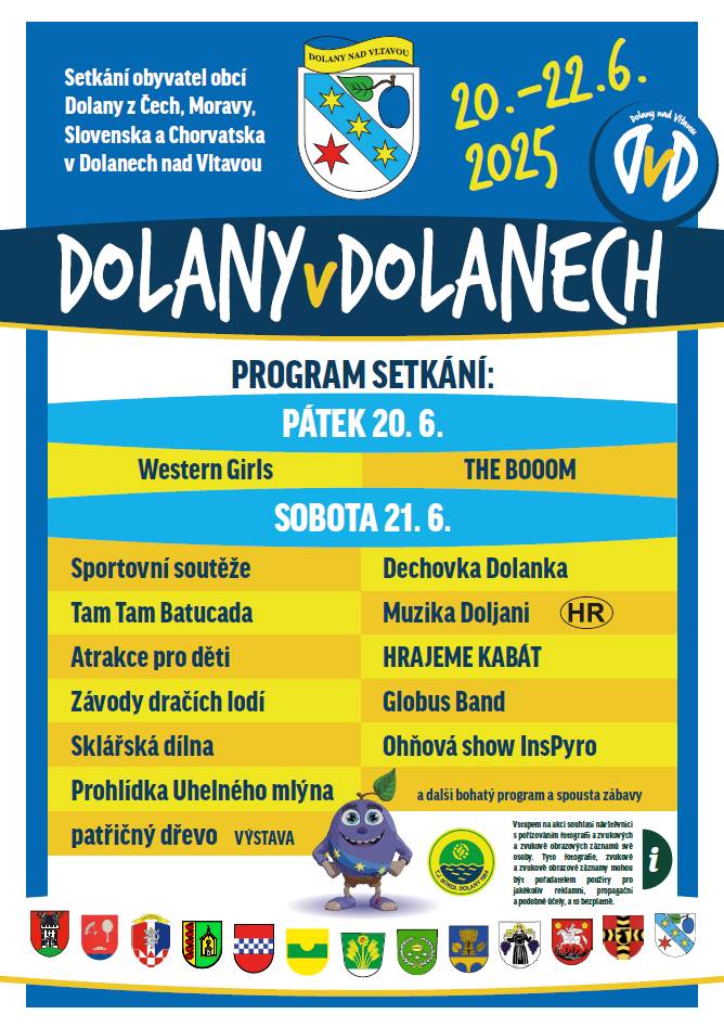 📅 20.–22. června 2025 📍 Dolany nad Vltavou 👉 Zveme všechny naše občany, aby se připojili k velkému setkání obcí jménem Dolany z Čech, Moravy, Slovenska i Chorvatska! 🌍 Pojeďte reprezentovat Dolany u Olomouce 💚 🚌 Obec zajišťuje autobus – odjezd v sobotu ráno, příjezd na místo cca 9:00–9:30. Návrat mezi 22:00–24:00. 🚗 Pokud pojedete po vlastní ose (autem, vlakem), obec poskytne příspěvek na dopravu! 👕 Kdo má zelené obecní tričko, vezměte si ho. Několik triček vezeme navíc 😉 🏕️ Ubytování možné – ve stanu, škole, ubytovnách i hotelu. Více info na OÚ. 💬 Máte dotazy? Obraťte se na pana starostu nebo paní tajemnici. 🎯 Čeká vás víkend plný soutěží a zábavy: ⚽ malá kopaná, ⚽ nohejbal, 🎯 šipky, 🎯 střelba, 🛶 závody dračích lodí 🎡 dětské atrakce, 🎼 koncerty, 🧪 sklárna, 🔥 ohňová show 🎤 Dolanka, Kabát revival, Globus Band a další… 👨👩👧👦 Vhodné pro rodiny, party přátel i sportovce – pojďme ukázat, že Dolany u Olomouce mají týmového ducha! 💪