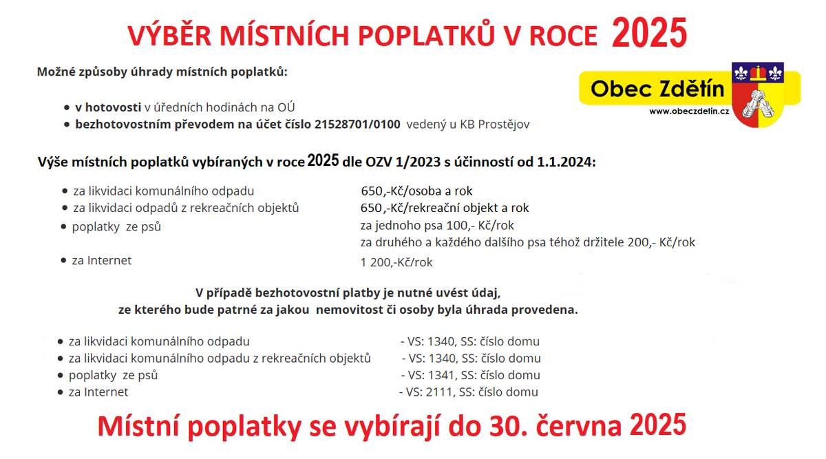 Upozorňujeme, že se blíží termín splatnosti místních poplatků ve Zdětíně.  Pro rok 2025 je tato splatnost stanovená na 30. června 2025.   Místní poplatky, které se týkají obce Zdětín, jsou především místní poplatek za komunální odpad a místní poplatek ze psů.         Místní poplatek za komunální odpad:      Splatnost: 30. června 2025     Obecně závazná vyhláška: Každá obec určuje výši poplatku a pravidla pro jeho vybírání prostřednictvím své vyhlášky.     Sazba poplatku: Informaci o sazbě a případných výjimkách najdete na úřadě obce nebo v obecní vyhlášce.          Místní poplatek ze psů:      Splatnost: 30. června 2025     Obecně závazná vyhláška: Každá obec určuje výši poplatku a pravidla pro jeho vybírání prostřednictvím své vyhlášky.     Sazba poplatku: Informaci o sazbě a případných výjimkách najdete na úřadě obce v obecní vyhlášce.                Jak uhradit poplatek: Hotově na obecním úřadě, bankovním převodem na účet obce, složenkou.