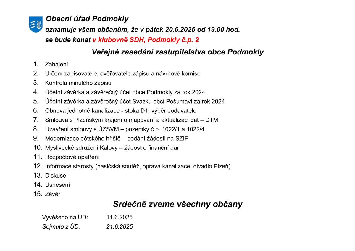 veřejné zasedání ZO dne 20.6.2025