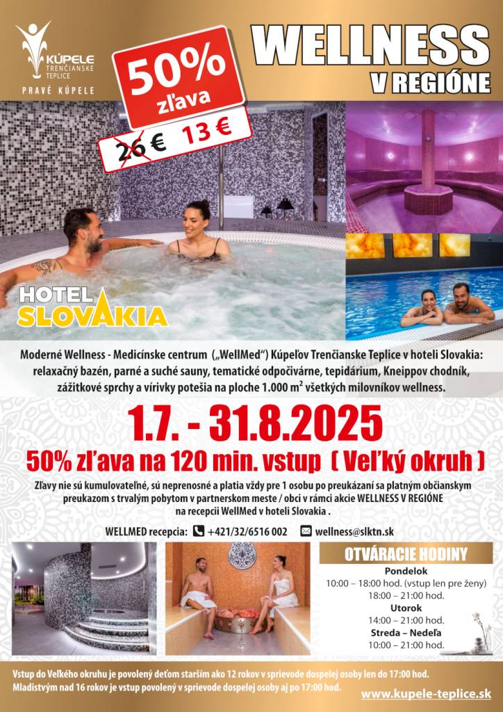 Poďte si aj počas leta užiť svet wellness a kúpeľného oddychu.    Využite 50% zľavu na veľký okruh v kúpeľoch Trenčianske Teplice na základe partnerstva s našou obcou v rámci ďalšieho ročníka projektu Wellness v regióne.