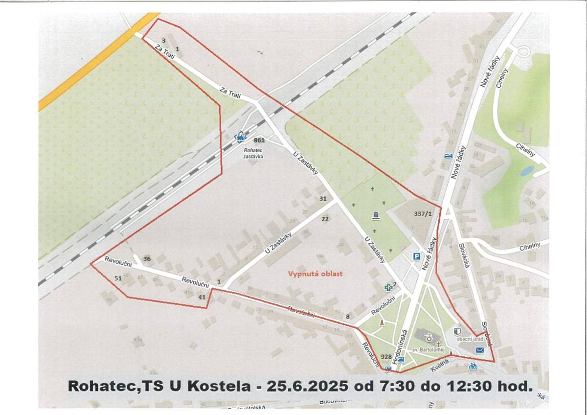 Vypnutá oblast: TS U Kostela - ul. U Zastávky, ul. Za Tratí, část ul. Revoluční od č.p. 928 a č.e. 41 po č.e. 36 a č.e. 51, část ul. Nové řádky - od ul. Hodonínská a ul. Květná po č.p. 337, kostel a Obecní úřad.