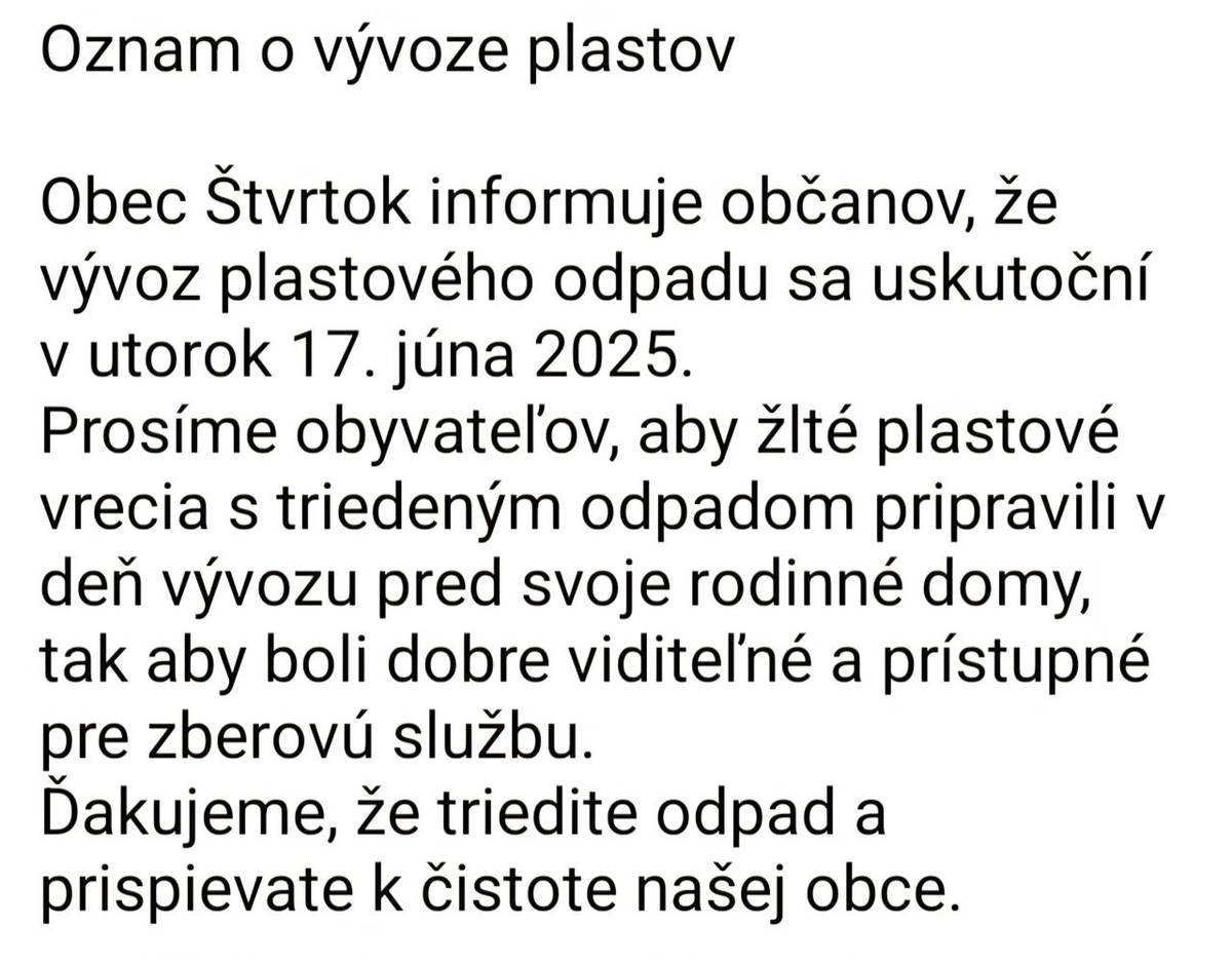 oznam o vývoze plastov 17.06.2025