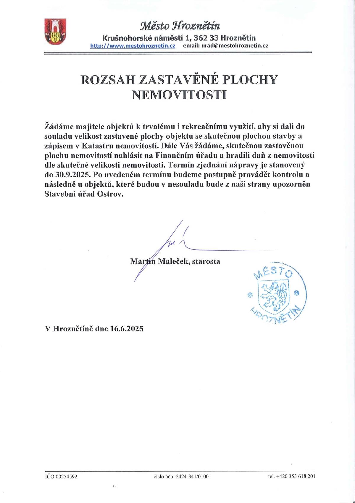 Oznámení o uvedení do souladu velikosti zastavěné plochy nemovitosti s Katastrem nemovitosti a platbou daně z nemovitosti.