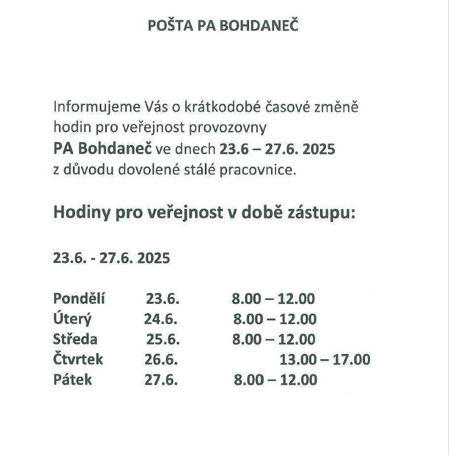 Úprava provozní doby ve dnech 23.6. - 27.6.2025