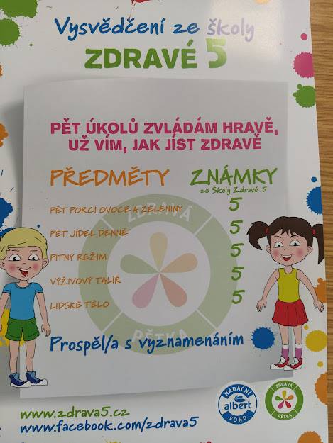 ZDRAVÁ 5 JE UNIKÁTNÍ CELOREPUBLIKOVÝ VZDĚLÁVACÍ PROGRAM PRO MATEŘSKÉ ŠKOLY. JE ZAMĚŘEN NA ZDRAVÝ ŽIVOTNÍ STYL PŘEDEVŠÍM  V OBLASTI ZDRAVÉHO STRAVOVÁNÍ. DĚTI UŽ VÍ CO JE ZDRAVÁ 5! SNÍDANĚ, SVAČINA, OBĚD, SVAČINA, VEČEŘE.  CO JE PRO NAŠE TĚLO PROSPĚŠNÉ A ZDRAVÉ.