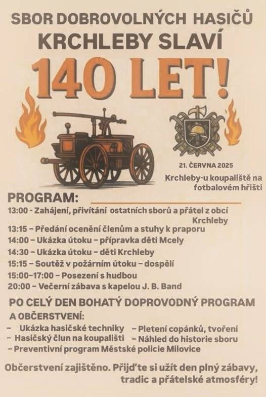 Sbor dobrovolných hasičů Krchleby slaví 140 let 21. června 2025 - u koupaliště a na fotbalovém hřišti Program: 13:00 Zahájení, přivítání ostatních sborů a přátel z obcí Krchleby 13:15 Předání ocenění členůma stuhy k praporu 14:00 Ukázka útoku - přípravka děti Mcely 14:30  Ukázka útoku - děti Krchleby 15:15 Soutěž v požárním útoku - dospělí 15:00 - 17:00 Posezení s hudbou 20:00 Večerní zábava s kapelou J.B.Band   Po celý den bohatý doprovodný program a občerstvení - ukázka hasičské techniky - pletení copánků, tvoření - hasičský člun na koupališti - náhled do historie sboru - preventivní program Městské policie Milovice