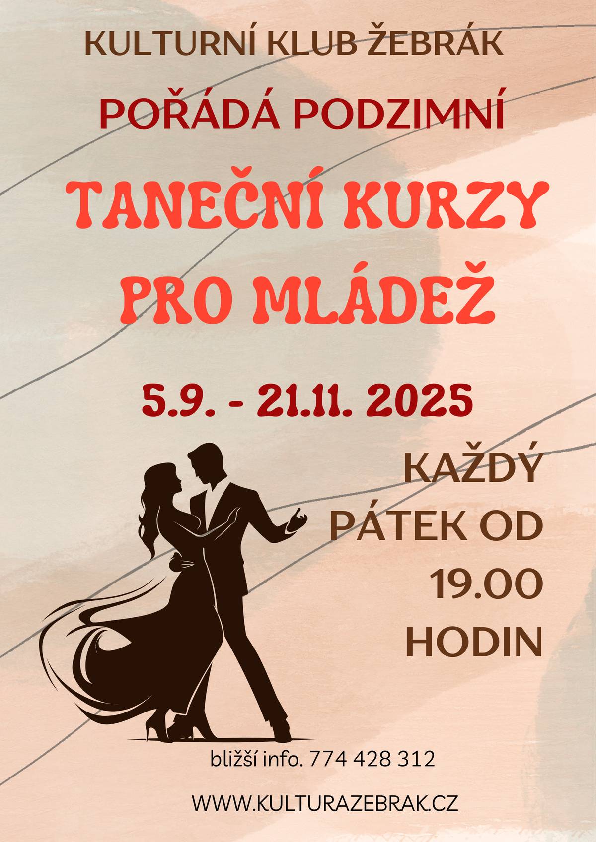 Od 5. září pořádáme opět taneční kurzy pro mládež s lektorkou Lucií Chvátalovou. Veškeré informace najdete na stránkách Kulturního klubu.