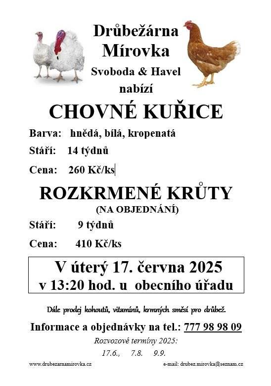 Nabídka prodeje kuřic dnes ve 13:20 hodin před Obecním úřadem. Více v příloze.
