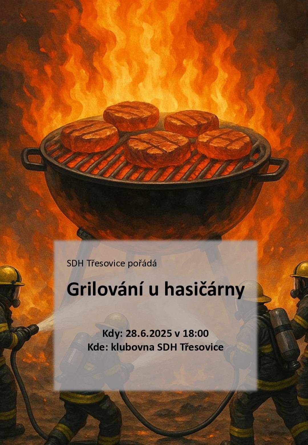 Sbor dobrovolných hasičů Třesovice zve občany na grilování u hasičské zbrojnice v sobotu 28. 6. 2025 od 18:00 hodin.  Přijďte si dát něco dobrého k jídlu a pití.