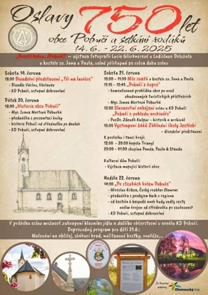 Ve dnech 20.6-22.6.2025 proběhnou oslavy 750 let obce Pobučí.