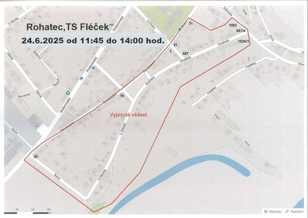 Vypnutá oblast: TS Fléček - ul. Nová od ul. Hodonínská po ul. U Zásady, ul. U Zásady, ul. Vinařská, ul. Osvobození pravá strana od č.e. 55 po č.p. 611, ul. Školní pravá strana od č.e. 41 po č.e. 31, ul. Dělnická č.p. 1082 a č.p. 687.