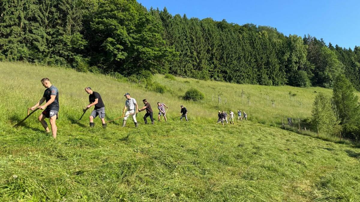 Sečení louky v centru obce tak, jak to dělali naši předkové. Sekáči jako odměnu za svou práci dostali pořádnou snídani.