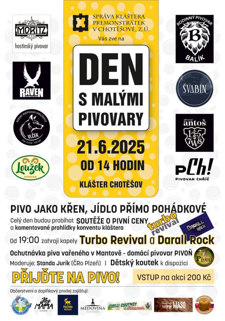 Přijďte na 6. ročník Dne s malými pivovary, který se koná v sobotu 21. června 2025 od 14 hodin. Těšit se můžete na ochutnávku piv z řemeslných pivovarů, bohaté občerstvení a skvělou hudbu. Nezapomeňte se zúčastnit soutěží o ceny!