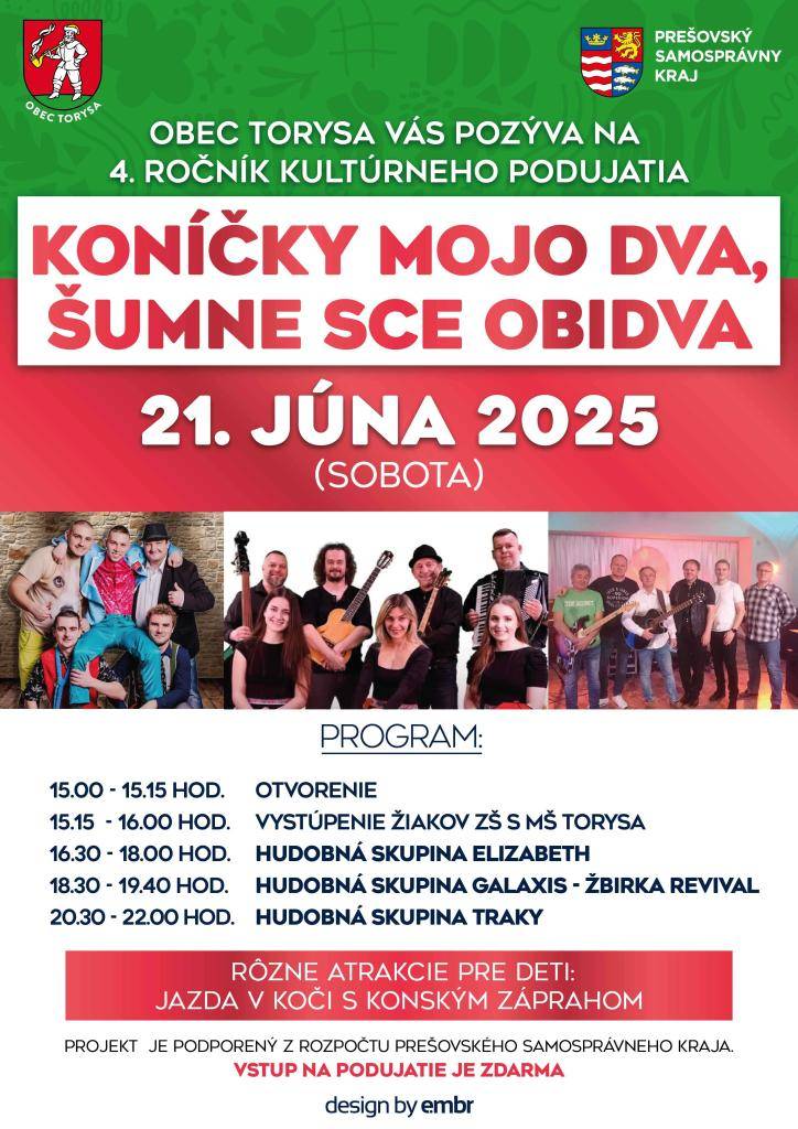Obec Torysa vás srdečne pozýva na 4. ročník kultúrneho podujatia, kde sa môžete tešiť na vystúpenia žiakov a rôzne hudobné skupiny. Podujatie sa uskutoční v piatok a ponúkne bohatý program od otvárania až po večerné koncerty.