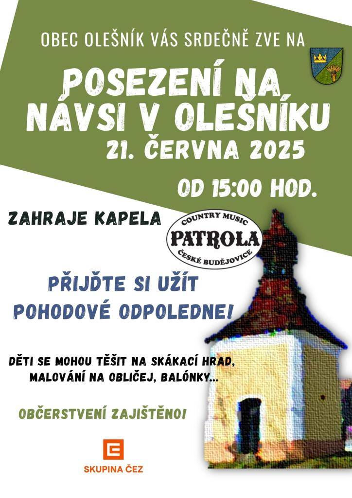 Obec Olešník Vás zve na posezení na návsi! Začátek akce od 15:00hod.