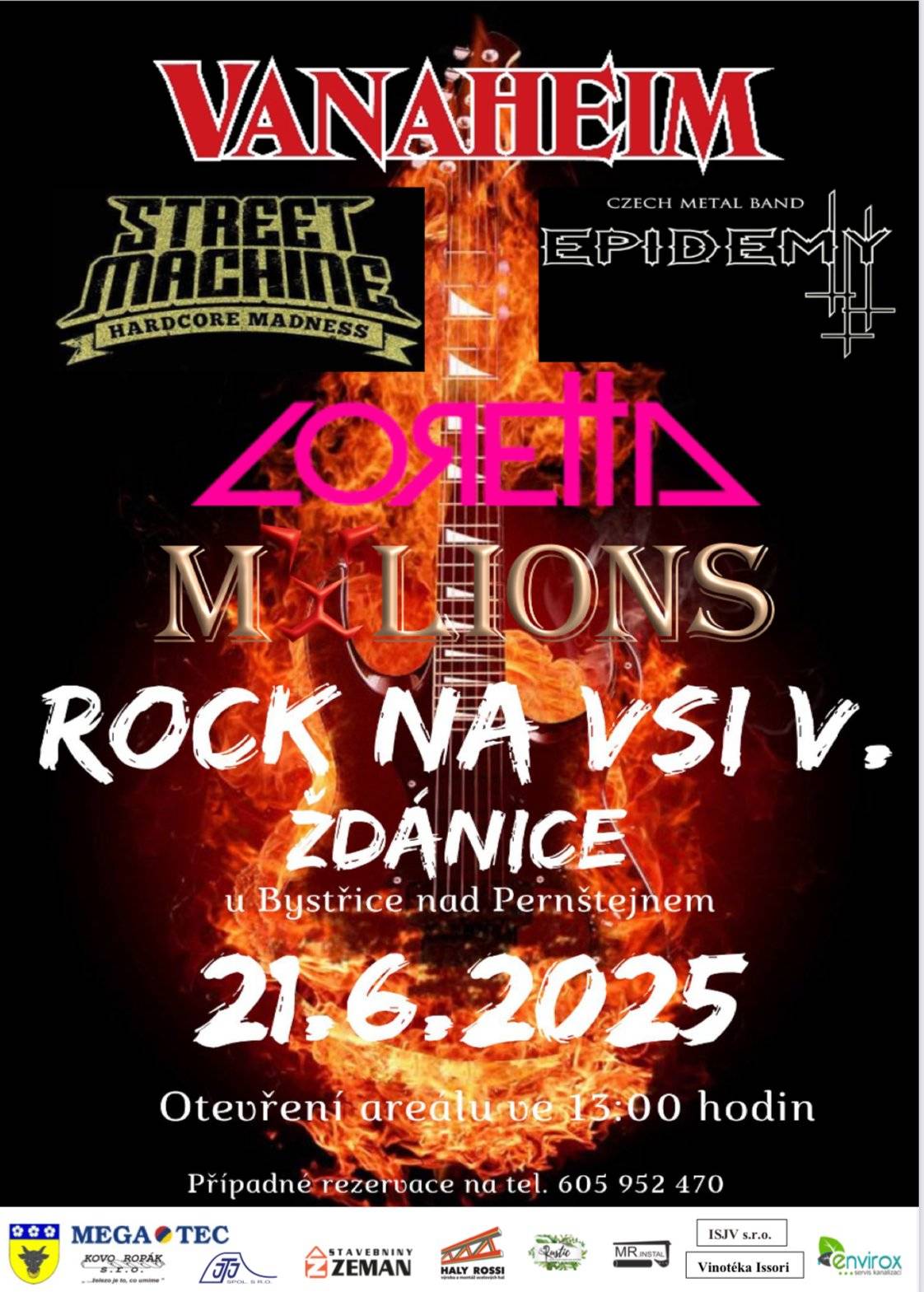 Zveme všechny příznivce dobré bigbítové muziky na 5. ročník koncertu Rock na vsi, který se uskuteční tuto sobotu 21.6. od 13:00 hod. v areálu výletiště pod školou. Můžete se těšit na vystoupení kapel: EPIDEMY, VANAHEIM, LORETTA, MYLIONS a STREET MACHINE . Vstupné pro občany Ždánic bude ve výši 400 Kč. Srdečně zvou pořadatelé