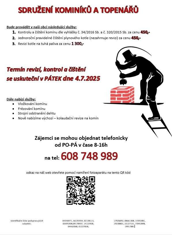 Termín revizí, kontrol a čištění se uskuteční v PÁTEK dne 4.7.2025
