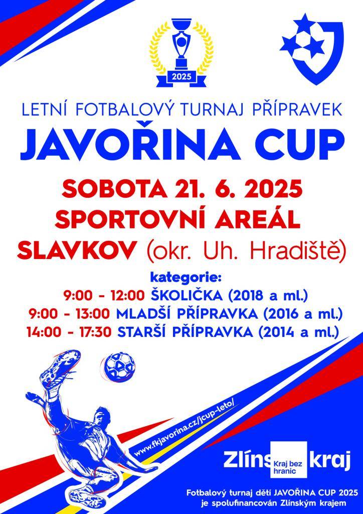 Zveme všechny fanoušky na fotbalový turnaj dětí JAVOŘINA CUP, který se bude konat v sobotu 21.6.2025 na hřišti ve Slavkově.