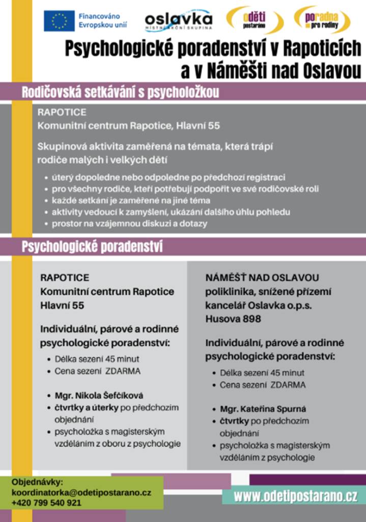 Psychologické poradenství v Rapoticích a v Náměšti nad Oslavou