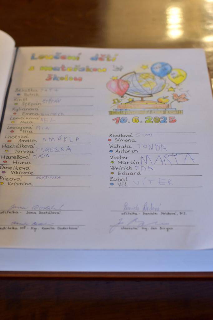 Slavnostní ukončení předškoláků na zámku proběhlo 10.6.2025 v obřadní síni. Po vystoupení a projevu starosty a ředitelky školky se předškoláci zapsali do pamětní kroniky.