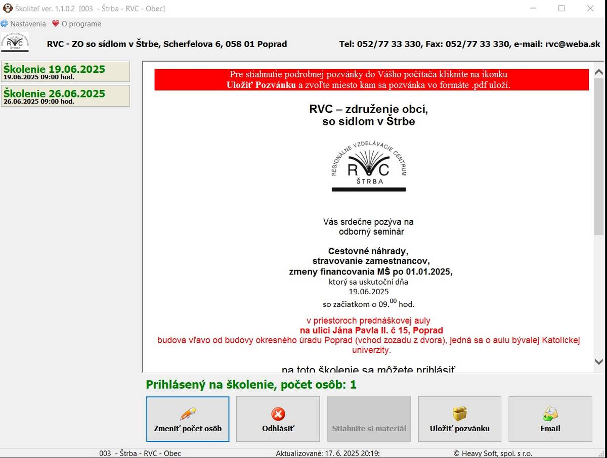 17.06.2025 (utorok) sa nám o 21.00 hod. podarilo opäť spustiť aplikáciu školiteľ, ktorý ej funkčný. Poprosíme všetkých, ktorí sa nám prihlásili aj cez email aby si účasť na školení zaklikli aj v programe školiteľ, aby sa bez problémov dostali zajtra k pracovným materiálom na školenie,